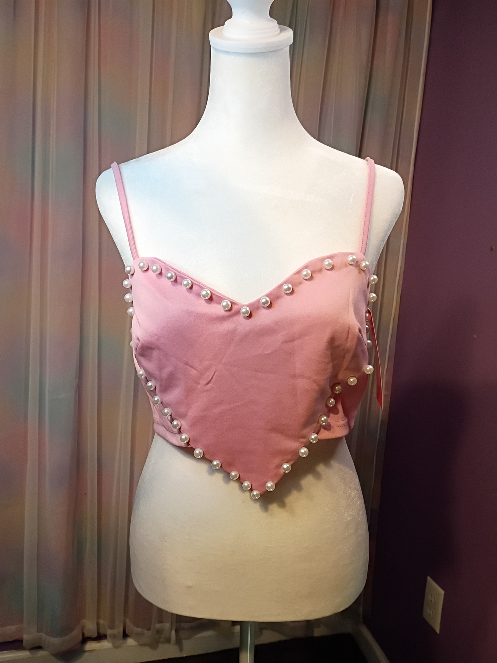 Shein Icon Light Baby Pink Pearl-Trim Heart-Shaped Cropped Tank Top Size Large